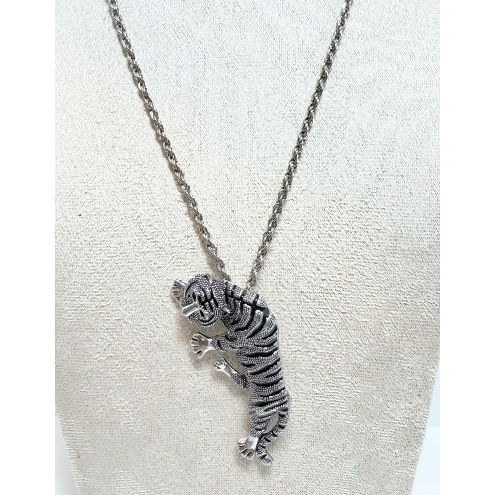 Silver Tone Black Tiger Brooch Pendant Necklace 28 Inch Chain Chinese Signed